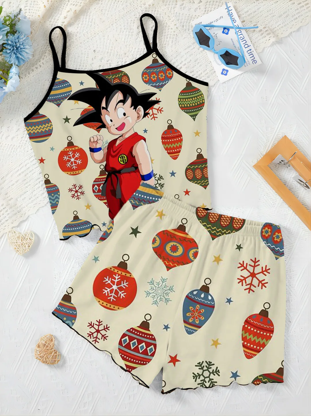 Short Sets for Women 2 Pieces Dragon Ball Son Goku Top Women's Suit Pajama Skirt Home Dress Lettuce Trim T-shirt Elegant Two Set