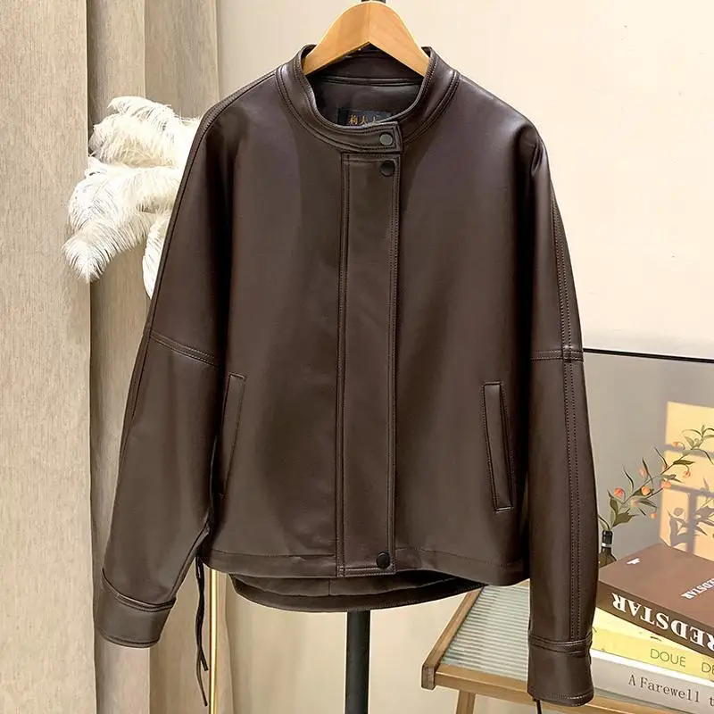 Women Spring New Style Loose and slimming stand up collar leather jacket Vintage Casual Niche drawstring design Coat