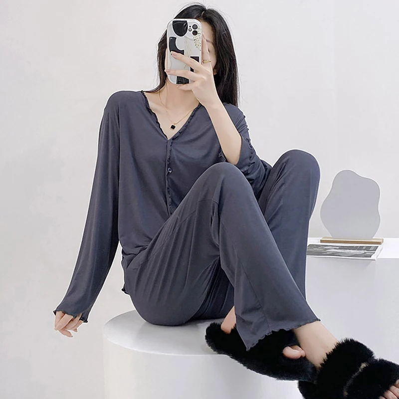 Modal Long Sleeved Pajama Set Loose Casual Cardigan Loungewear Solid Spring Thin Sleepwear Home Wear Intimate Lingerie Nightwear