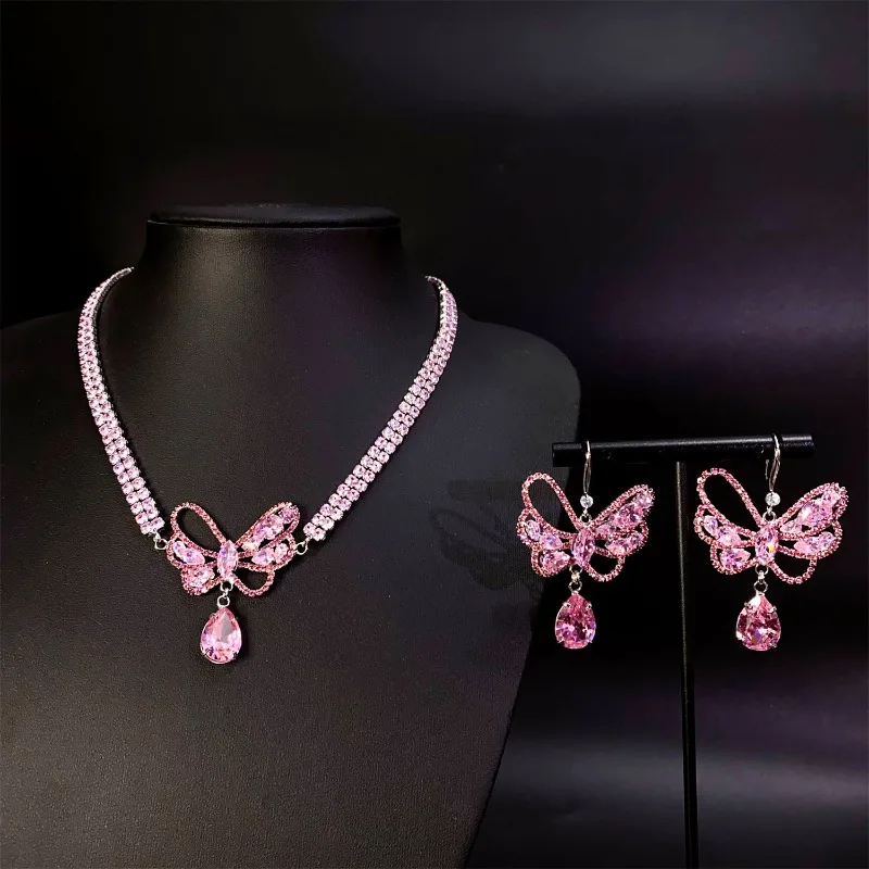 

Pink Butterfly Necklace and Earrings Set Sparkling Crystal Jewelry Elegant Rhinestone Design for Women Wedding Party Gift