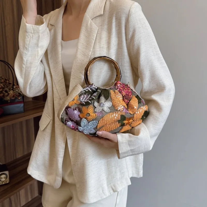 

2025 Высококачественная блестящая сумка для ужина в стиле ретро, сумка для ПК с цветочной молнией и верхней ручкой, осенние новые простые красивые женские сумки