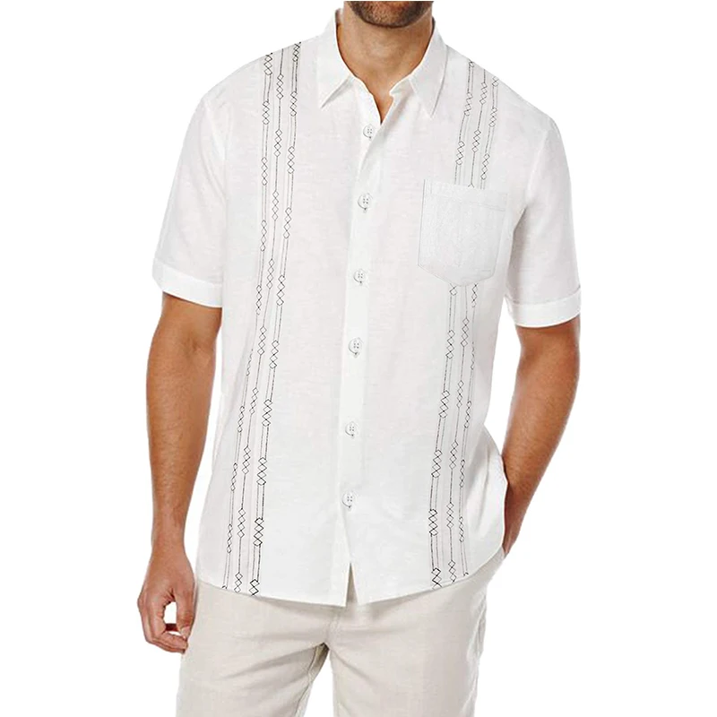 

Mens Guayabera Shirts Casual Button Down Short Sleeve Linen Cotton Cuban Camp Beach Embroidery Shirt Tops Men Camisa Masculina