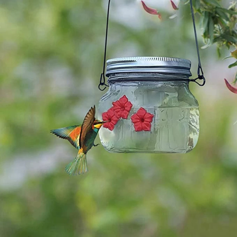 1Pack Mason Jar Bird Feeder With Flower Feeding Ports For Outdoor Hanging Yard Garden Decoration