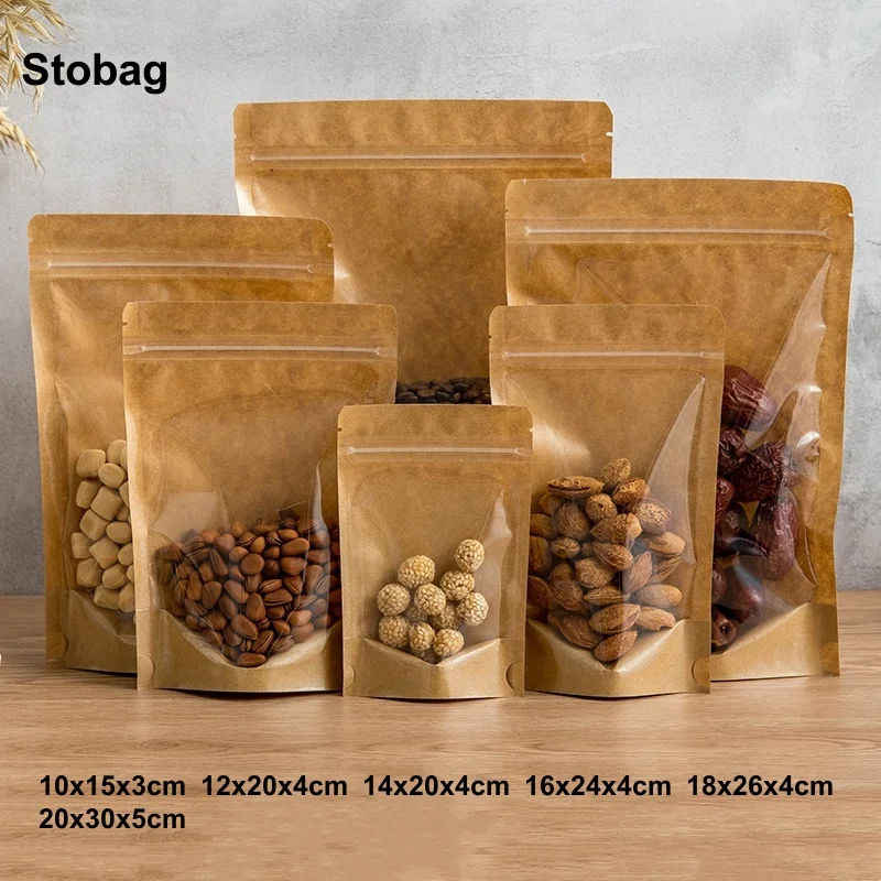 

StoBag 100pcs Transparent Kraft Paper Food Packaging Ziplock Bag Stand Up Sealed for Candy Snack Coffee Beans Nuts Storage Pouch