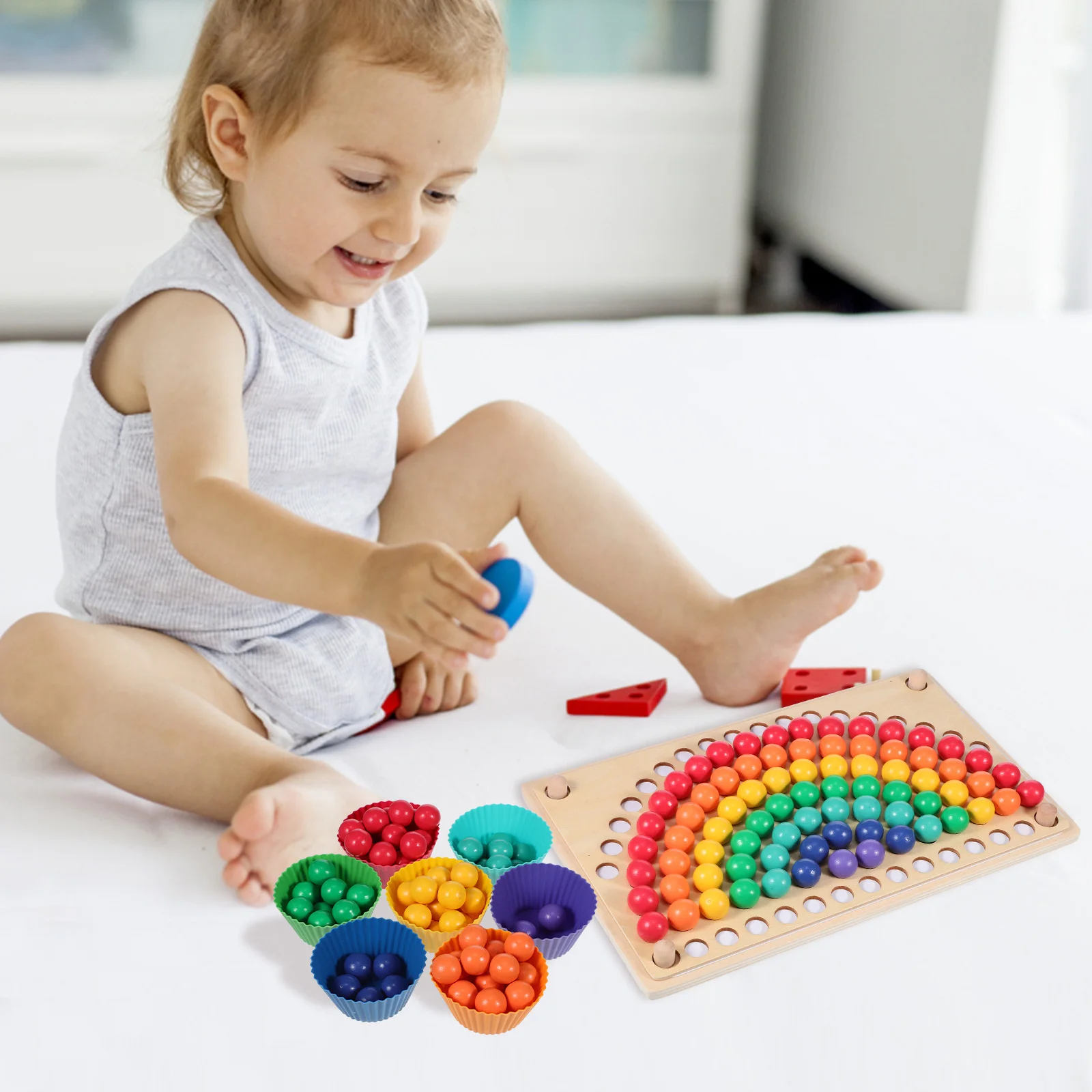 1Set Wooden Board Bead Game Educational Preschool Learning Family Bonding Chessboard Pattern Cards Colorful Beads Developmental