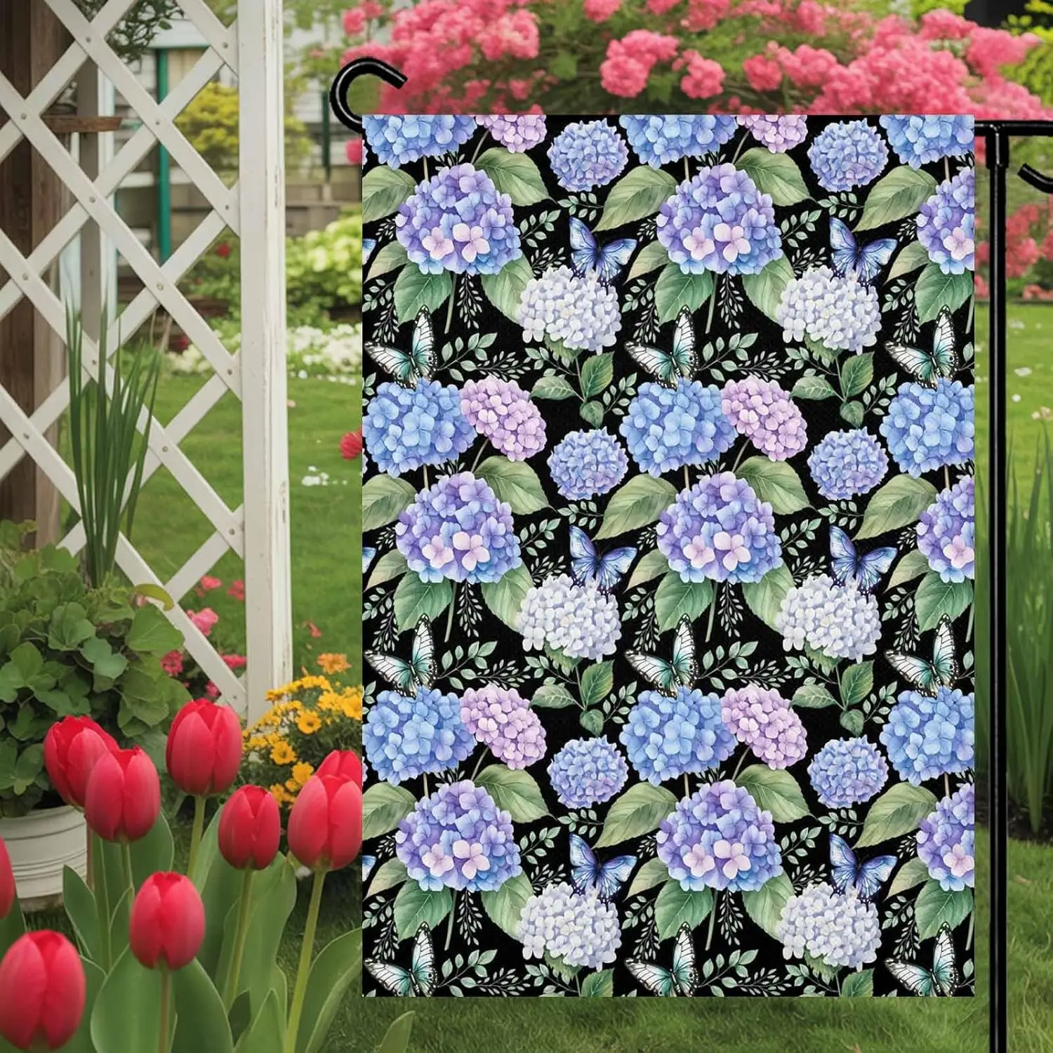 Welcome Garden Flag Spring Hydrangea Leaf Butterfly Double Sided House Flags Yard Decoration, Rustic Blue Purple Flower Blac PPM