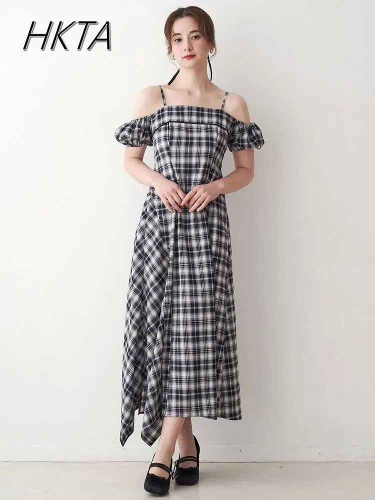 

Japanese Style Irregular Dovetail Skirt Off The Shoulder Long Suspender Dress Women Mine Commuter Slim Summer Black Plaid Dress