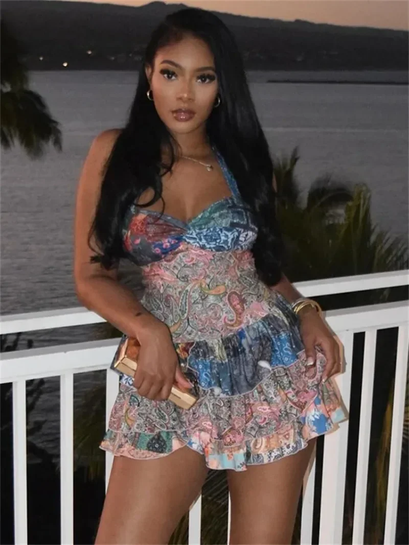 

Colorful Print Dress Women Halter Backless Sleeveless Ruched Ruffles Tierred Vacation Beach Party Trend Mini Bodycon