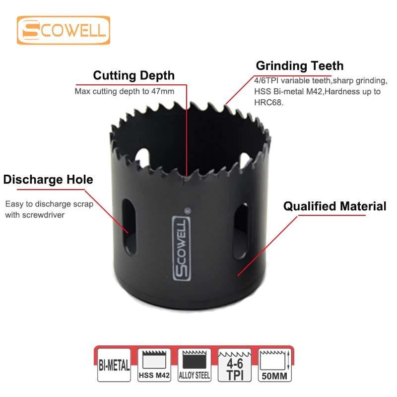 1 Pack SCOWELL HSS Bimetallic M42 Cobalt 8% 47mm Deep Holesaw Cutter With Arbor Drill Bit Set For Cutting Wood Metal Crown Saw