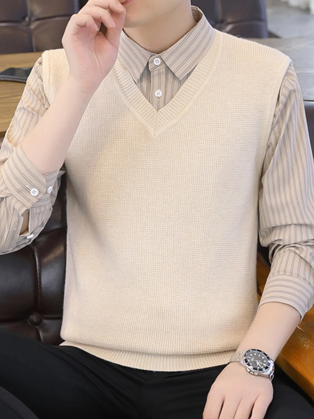 

Высококачественный вязаный свитер с эффектом двухслойности, с воротником-рубашкой, мужской, для весны, осени и зимы, повседневный, деловой, базовый трикотажный джемпер