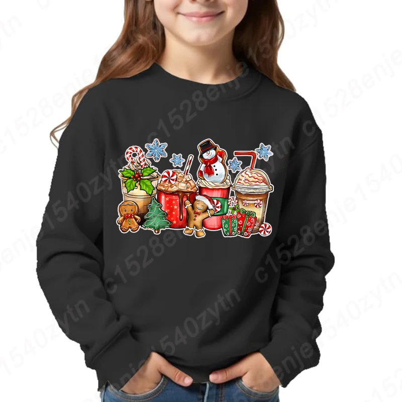 Festive Christmas Beverage Print Girls Sweatshirt Casual Fashion Long Sleeve Crew Neck Vintage Style Holiday Top for Kids Girls