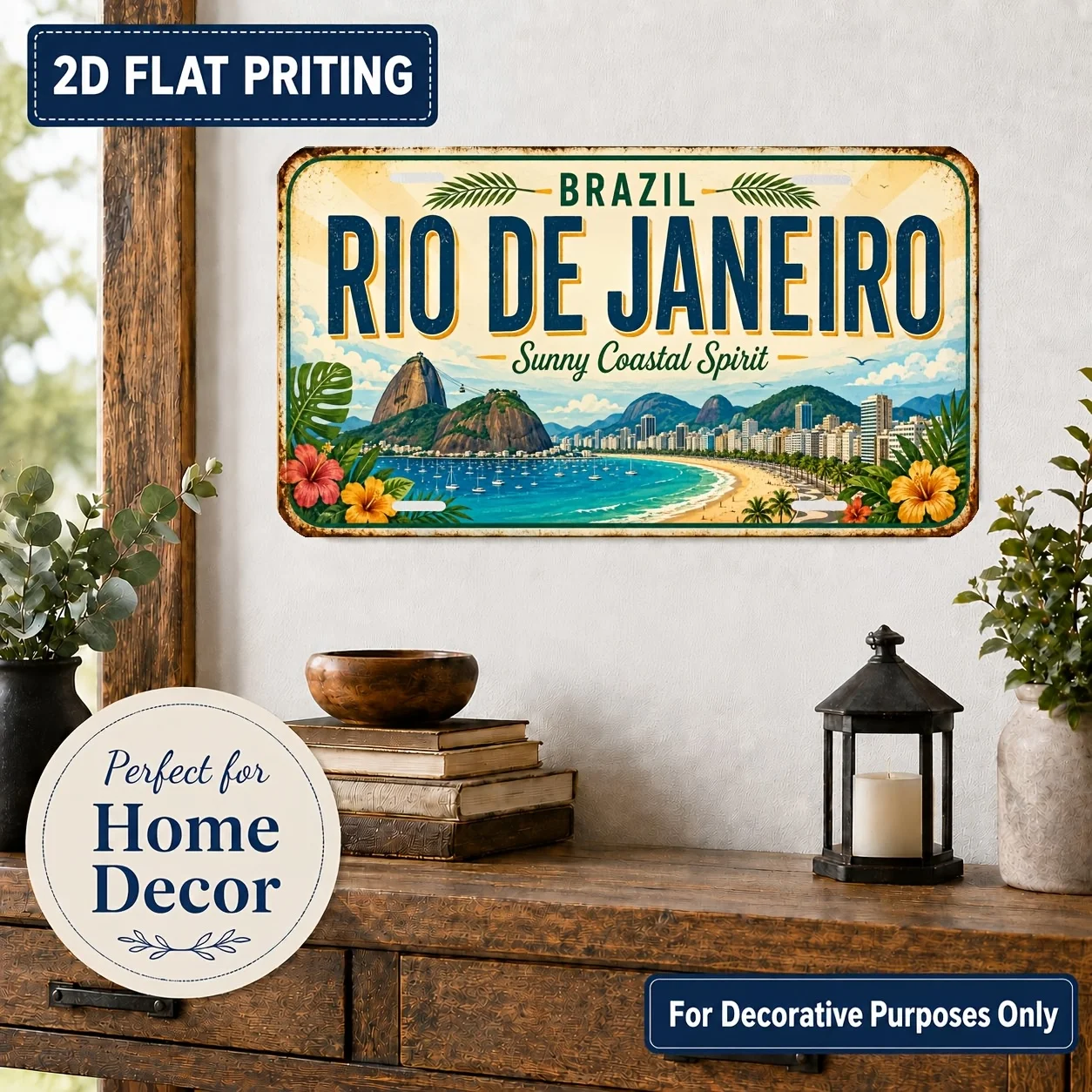 2D Flat, [2D Flat] 2D Flat Plane, 1pc, Vintage Metal License Plate Wall Sign, Rio De Janeiro Theme - Durable and Fade-Resistant,