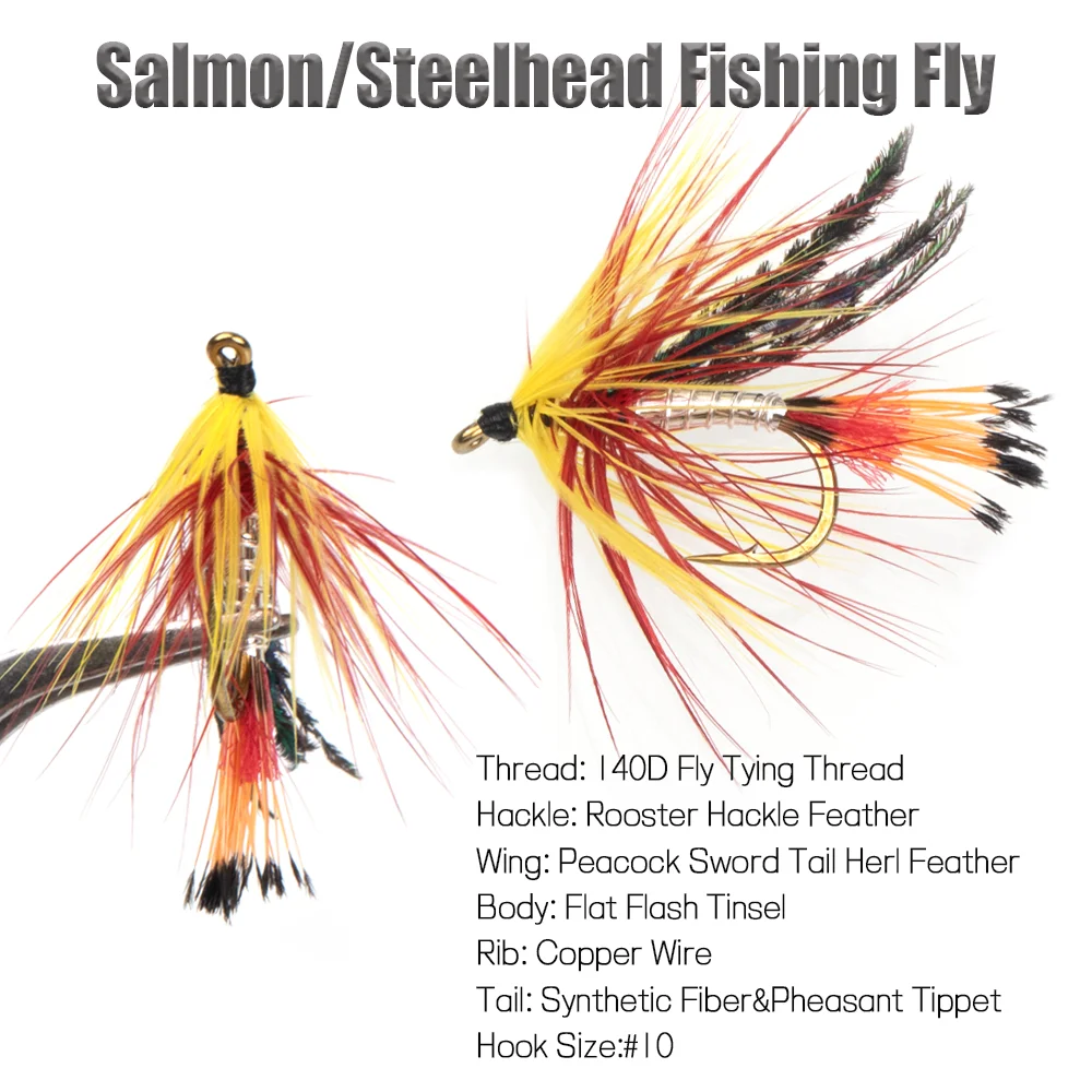 Wifreo 6pcs Salmon Steelhead Fishing Fly Soft Rooster Hackle Peacock Herl Feather Wing Wet Flies for Trout Fishing Lure Bait 10#