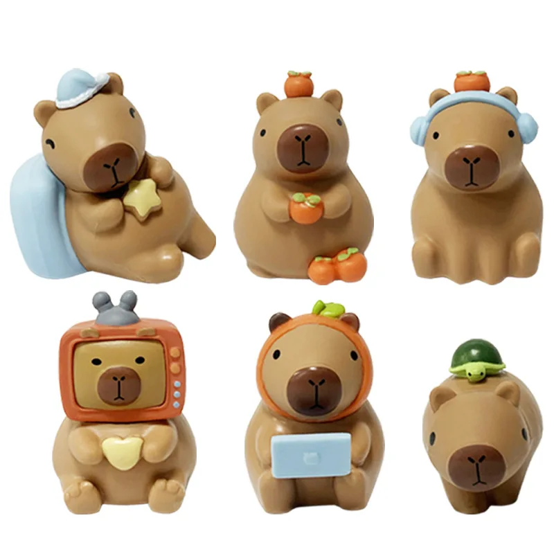 6 Pcs/Lot Kawaii Animal Capybara Figure Cute Little Natural Lovely Ornaments Cartoon Dolls Model Gifts