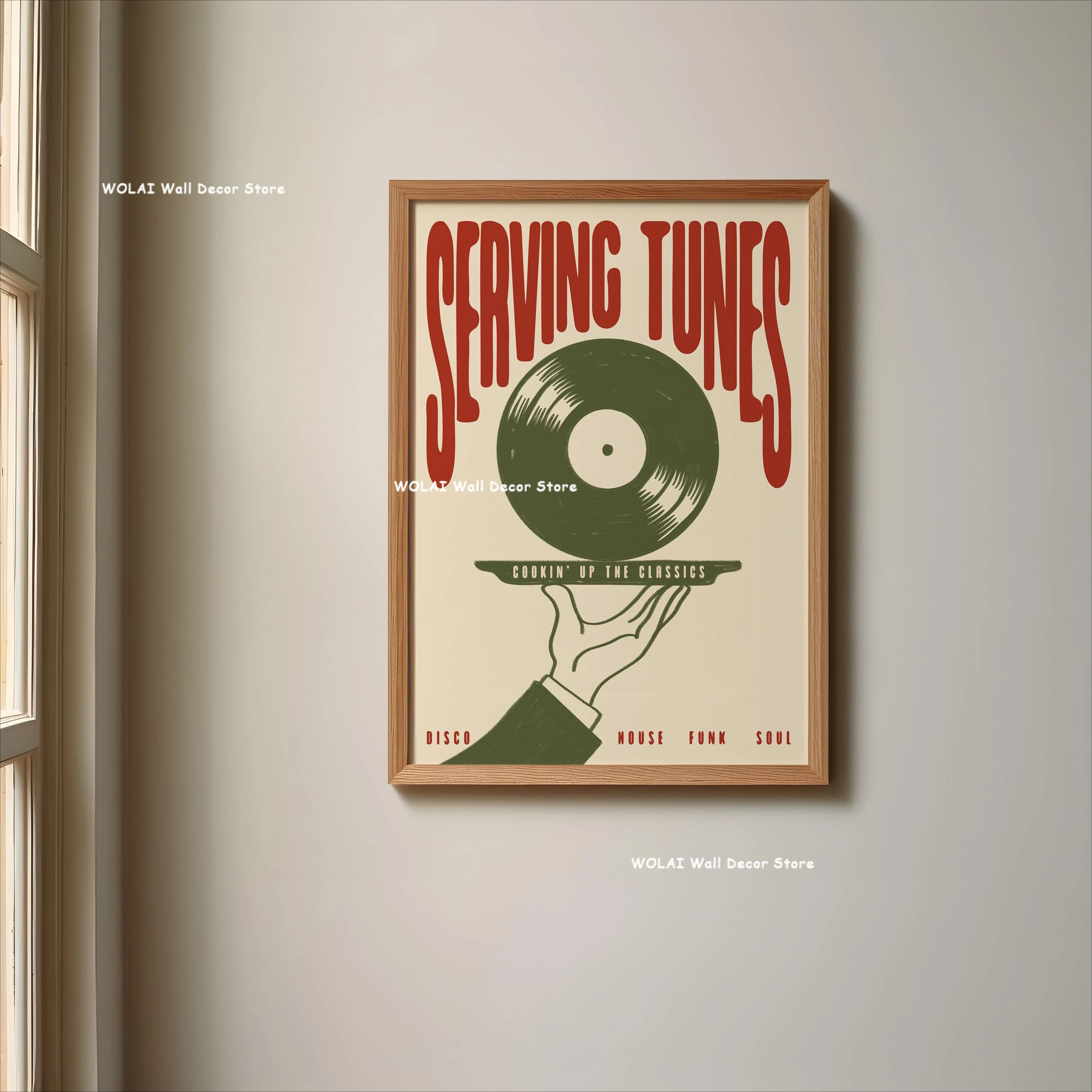 1pc Frameless Serving Tunes & Vinyl Vino Record Canvas Print Mid-century Wine Music Wall Art Poster for Kitchen Home Decor Music
