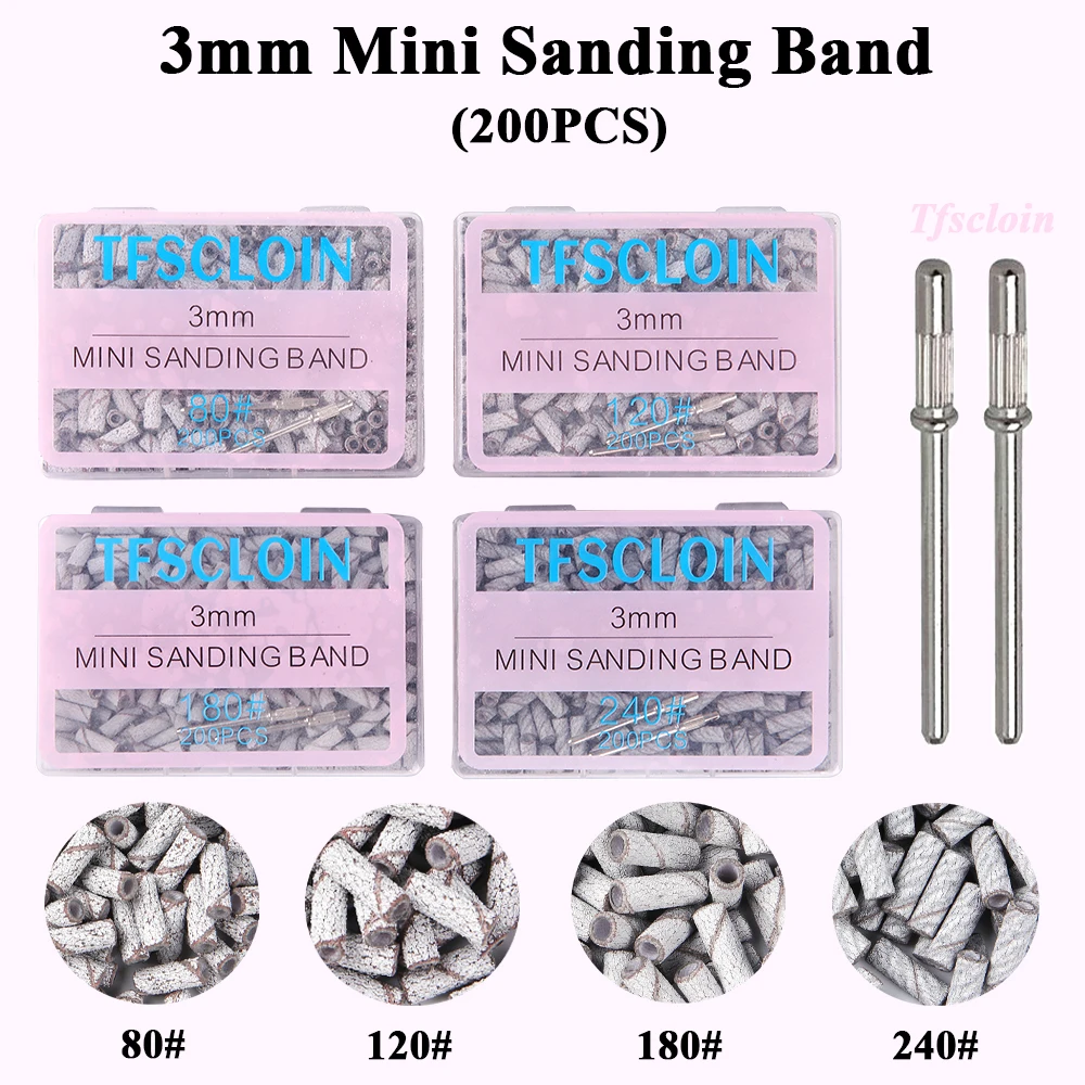 

TFSCLOIN 200Pcs/Box 3MM Sanding Bands With 2Mandrel Electric Nail Machine Accessories Nail Polishing Gel Polish Removal Tools