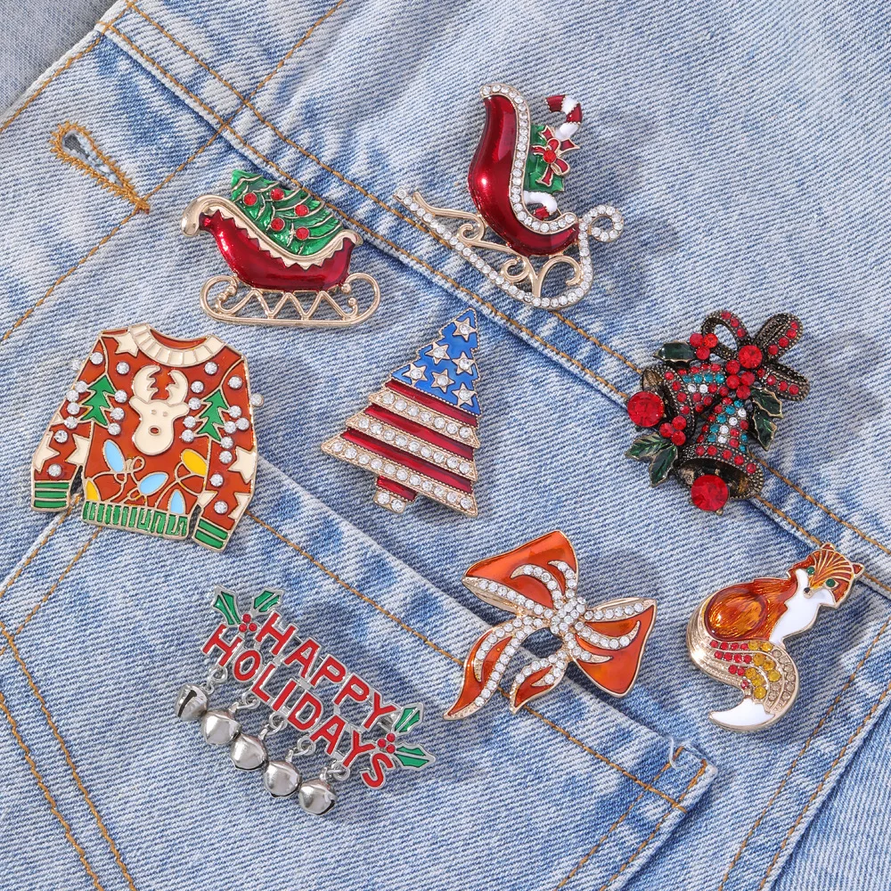 Christmas Theme Brooch Sled Red Sweater Cartoon Animal Badge Personality All-match Clothing Accessories Friends Xmas Gift