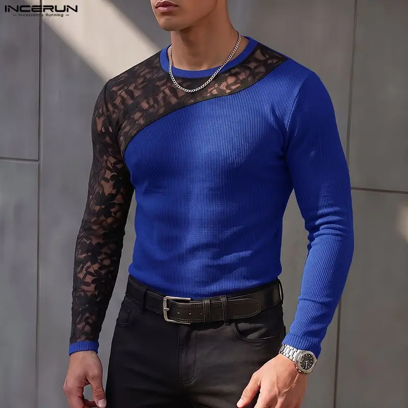 Stylish Men's T Shirt Lace Knitted Patchwork See Through Streetwear Long Sleeve Male Tee Tops Sexy Casual Men Clothes INCERUN