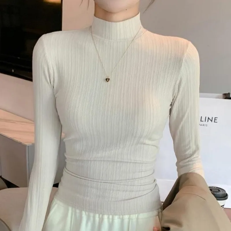 Women Autumn Winter Slim Striped Solid Color Turtleneck Long Sleeve T-Shirt Ladies Elegant All-match Fleece Bottoming Shirt Tops