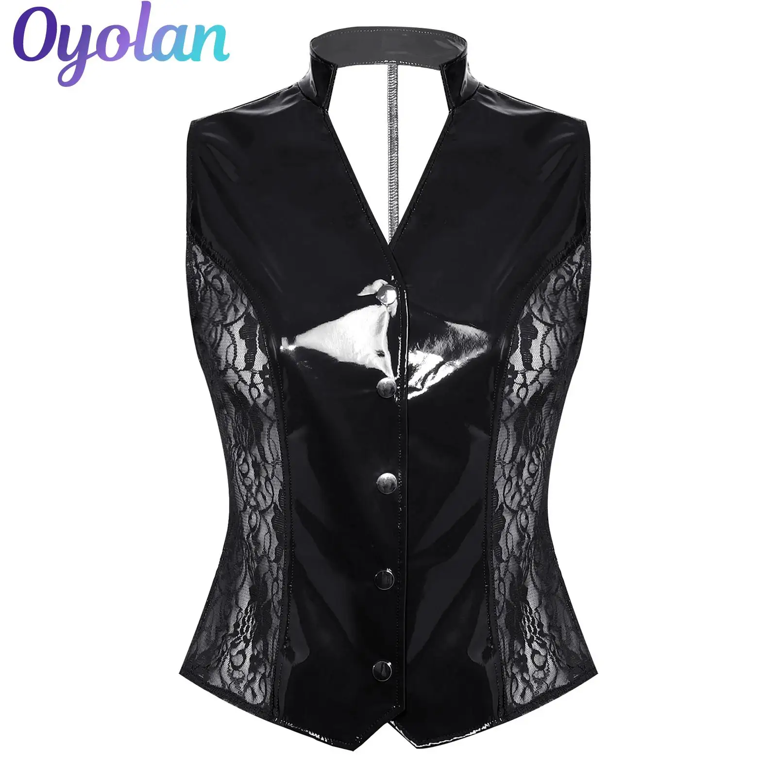 

Womens Shiny PU Leather Waistcoat with Lace Sides Button Glossy Corset Vest Top V Neck Button-down Tank Gothic Rave Clubwear