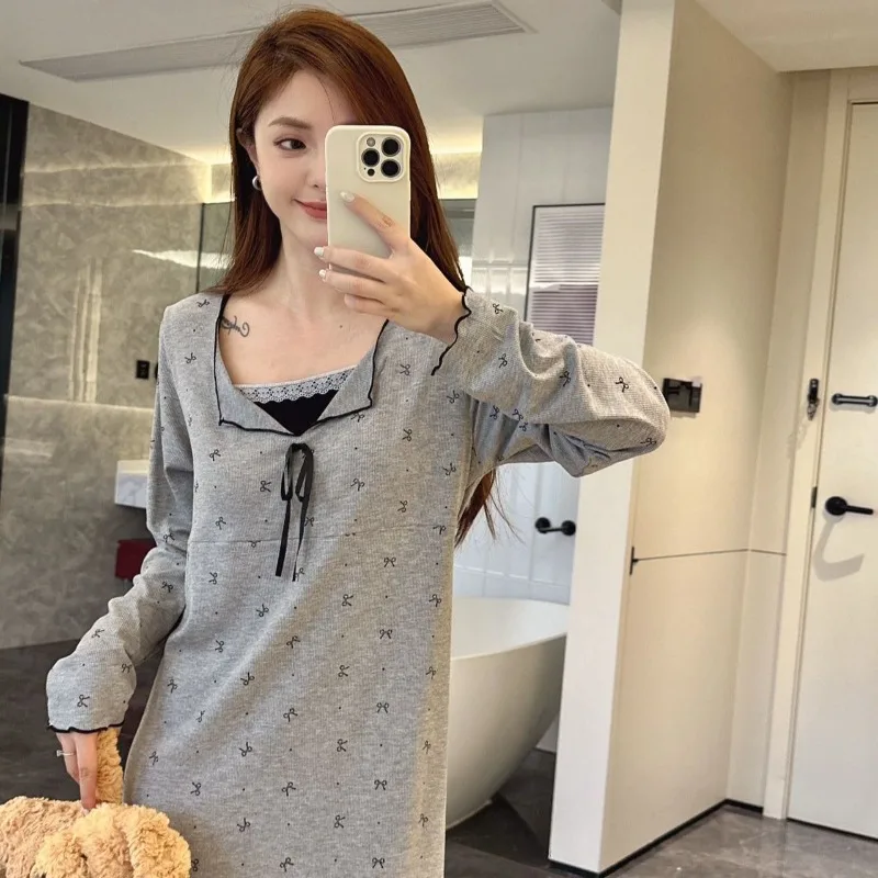 

Long Sleeve Nightdress with Chest Pad for Women Sweet Bow Nightgown Sleepwear Autumn One Piece Pajamas Loungewear Home Wear