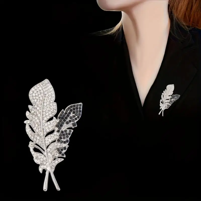 Elegant Rhinestone Black White Feather Brooch Pin For Women Clothing Coat Jewelry Accessries Gifts