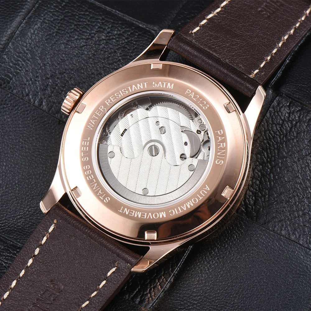 Fashion Parnis 41.5MM Rose Gold Case Automatic Mechanical Men\'s Watches Leather Strap Calendar Men Waterproof Watch reloj hombre