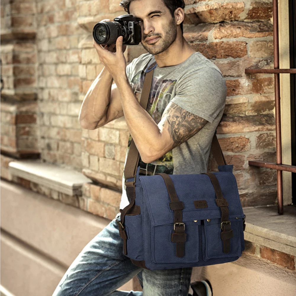 S-ZONE Vintage Camera Messenger Bag Leather Canvas DSLR Shoulder Crossbody Bag