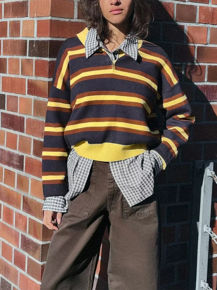 

Европейский и американский стиль 2025, зимняя новая женская повседневная простая полосатая рубашка-поло с длинными рукавами и воротником, трикотаж