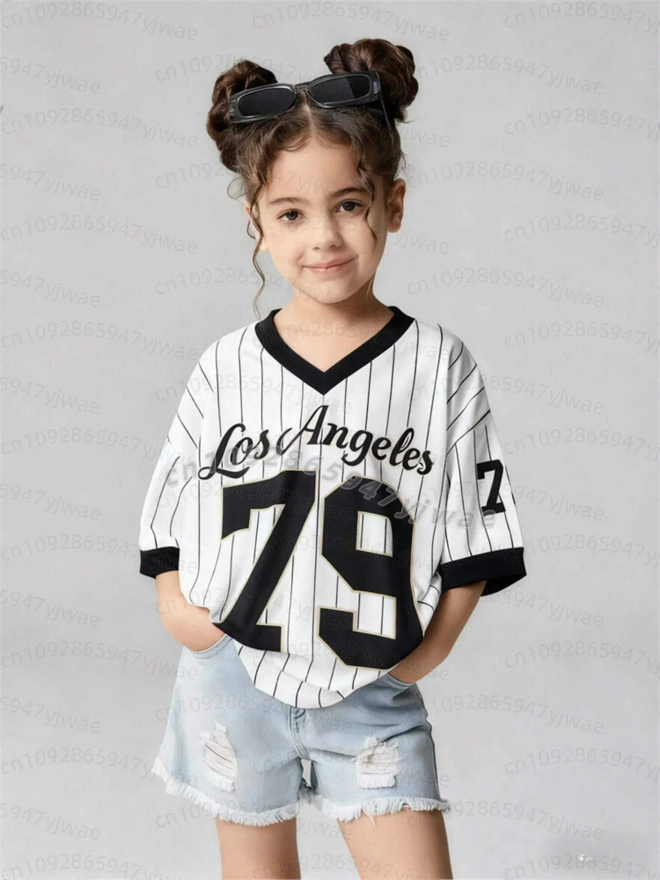 26 Mädchen Freizeit-Sportstil Los Angeles Nr. 79 Muster Farbblock-Print Kurzarm V-Ausschnitt Damen Kinder Erwachsene T-Shirt – Detail 5
