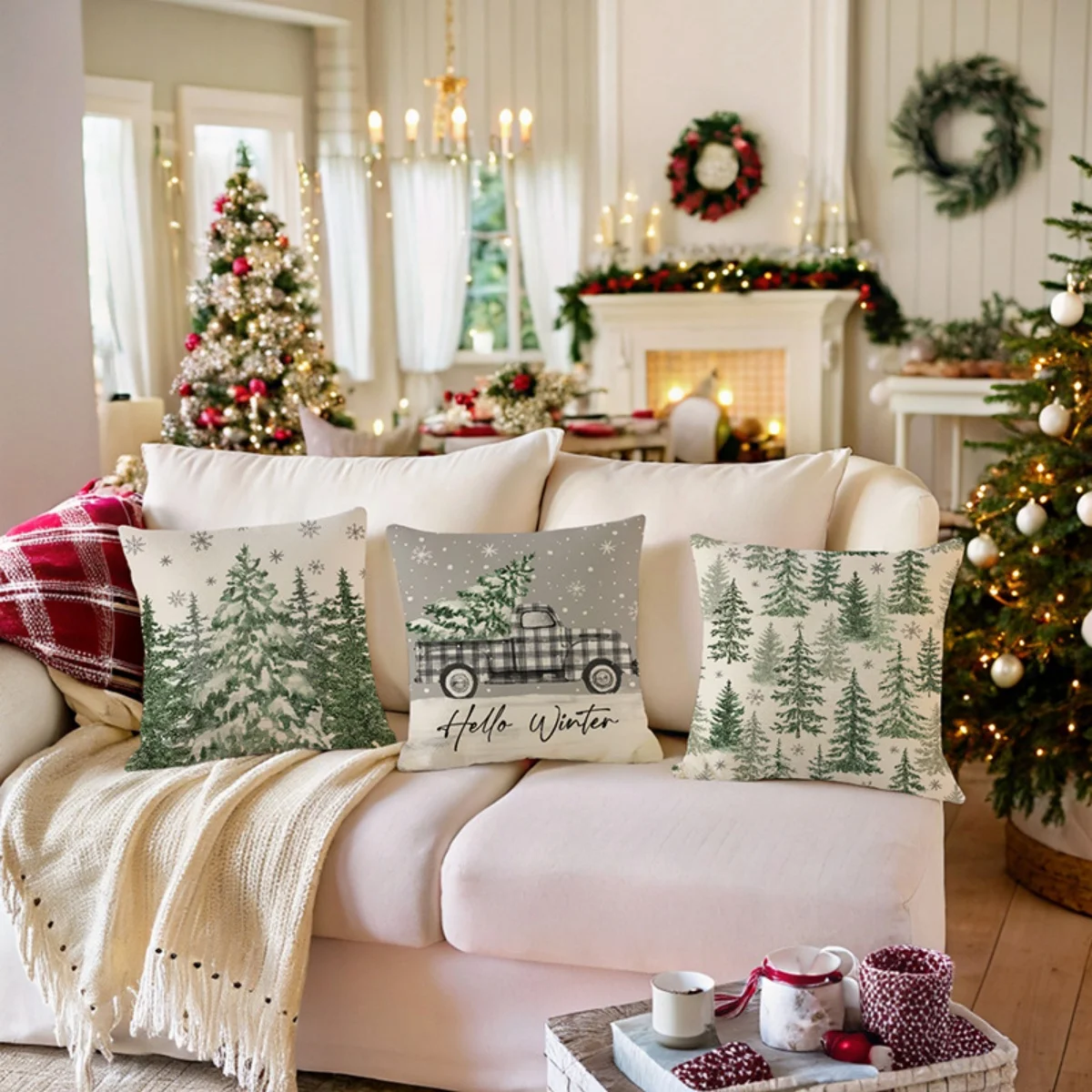 Watercolor Pine Tree Plaid Truck & Reindeer Christmas Pillow Covers Set of 4, Winter Holiday Cushion Cases for Sofa Home Decor