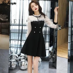 Women Summer Mesh Long Sleeve Mini Dress 2024 New Korean Office Lady Graceful Bowknot Patchwork Dresses Dinner Party Gown Female