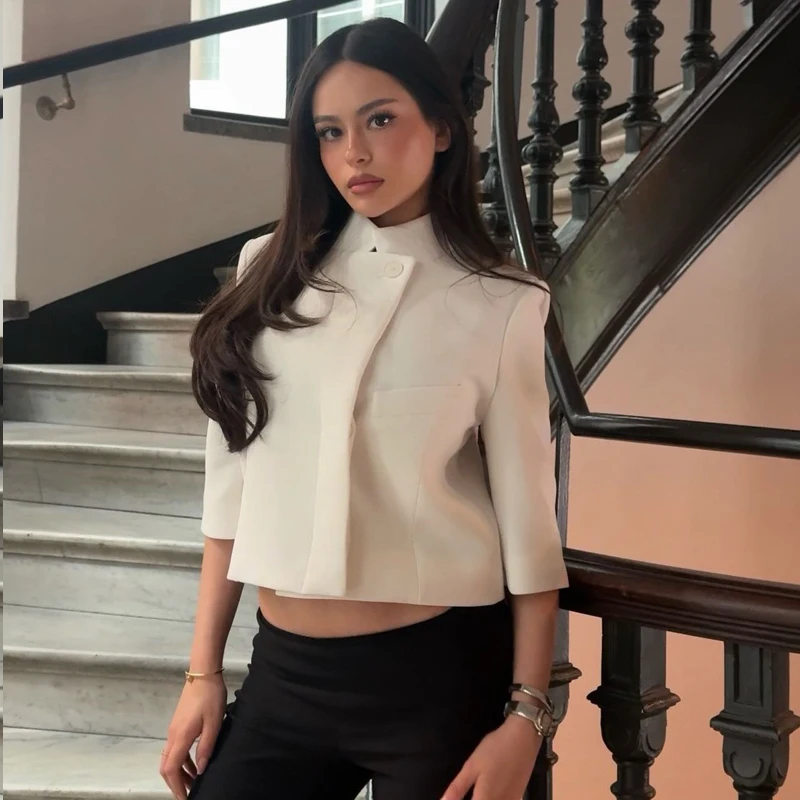 

Women's Blazer Jackets White Cropped Loose Short-Sleeved Jacket For Women Summer New In Coats And Jackets Commuting Office Look