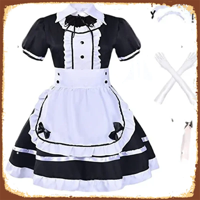 Wannsee Japanese Anime 6Pcs Lolita French Maid Apron Fancy Dress Cosplay Costume Gloves Headwear Socks woman costume set