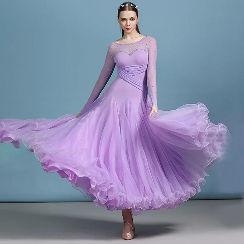 Light Purple Ballroom-competition-dresses Rhinestone Navy Blue Stage Clothes Long Sleeve Waltz Dress Women's Ballroom Dresses