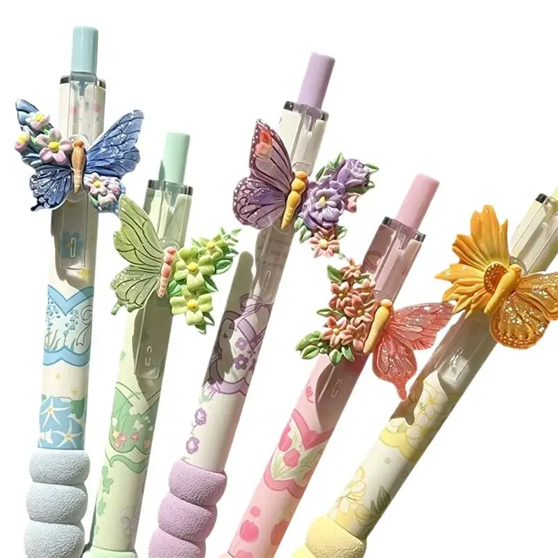 5Pcs/Set Black Gel Pens Random Color Floral Butterfly Designs Quick Drying Girly Ins Style Ideal For Office Study Exam Use