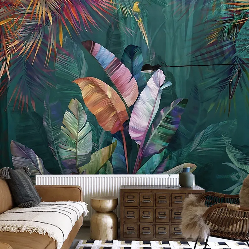 Banana leaf wallpaper background wall covering tropical rainforest wallpaper forest green plant restaurant hotel mural