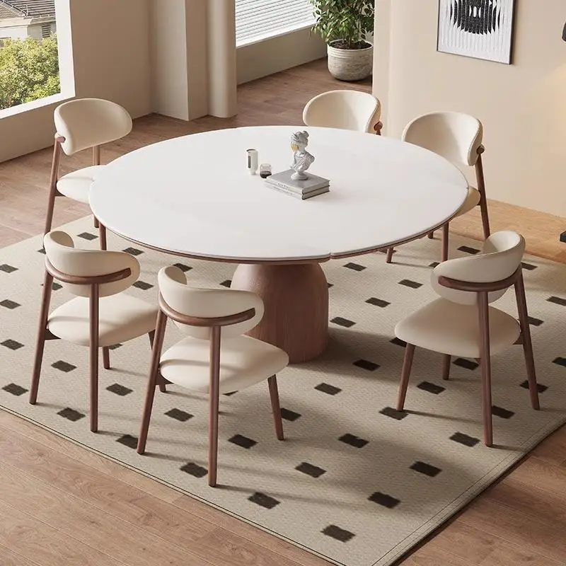 

French Modern Dining Table Retractable Foldable White Household Rock Round Coffee Living Room Extendable Console Furniture