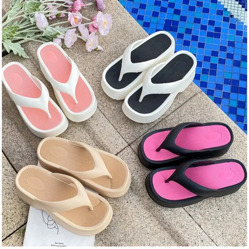 

2025 Eva Thick Platform Women's High Heeled Slippers Street Slides Outdoor Flip Flops Light EVA Comfortable Heightening Shoes