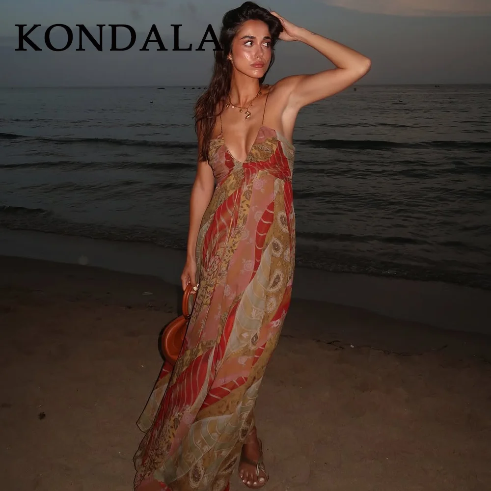 KONDALA 2025 فساتين نسائية لربيع وصيف مثيرة مطبوعة موضة مستقيمة بدون ظهر رسن بدون أكمام فساتين طويلة أنيقة للسيدات