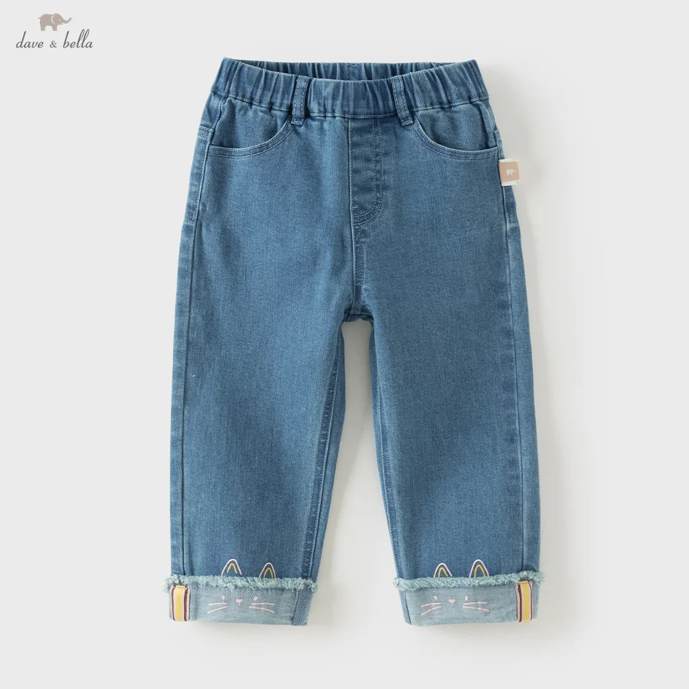Dave Bella Children Jeans Autumn Pants Girls Clothes Denim Blue Trousers Casual Elastic Cowboy Cute Cat Outdoor DB3263037