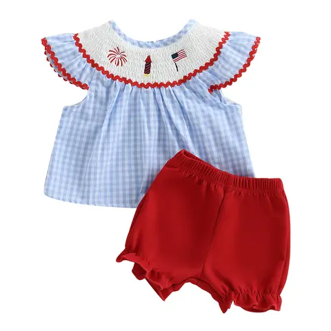 0-3Y Newborn Baby Girl 4th of July Outfits Fly Sleeve Smocked Tops + Shorts Set Toddler Summer Clothes
