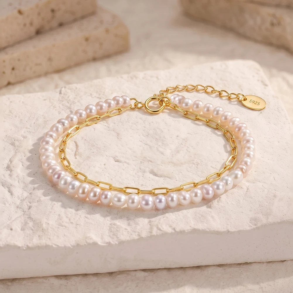 KISS MANDY Double Layer Chain Bracelet  925 Sterling Silver with Freshwater Round Pearls Wedding Gift Accessories Party GPB66