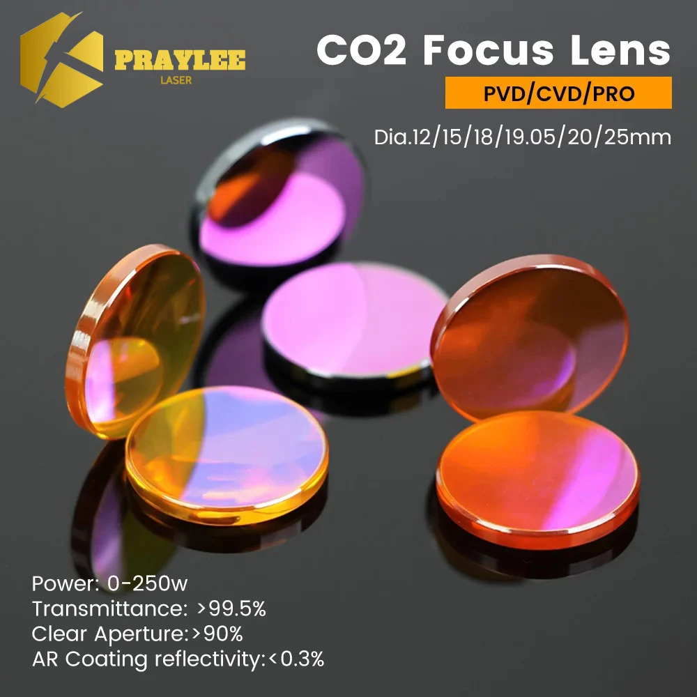 Praylee CO2 Focus Lens CVD/PVD/PRO ZnSe 12/15/18/19.05/20 mm F38.1 F50.8 F63.5 F76.2 F101.6 for Fiber Laser Engraving Machine