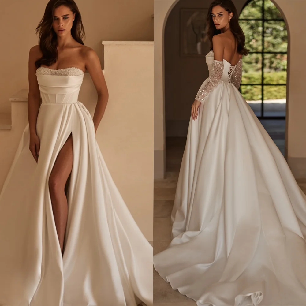 فساتين المشاهير الرسمية المصنوعة من الساتان الأبيض المخصصة الكلاسيكية بدون حمالات وأكمام قابلة للانفصال وفتحة جانبية وسحاب خلفي رداء السهرة