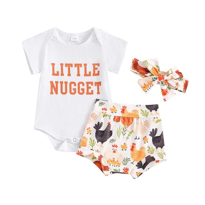 Newborn Baby Girl Farm Outfit Little Nugget Short Sleeve Romper Tops Chicken Shorts Set Cute Baby Clothes