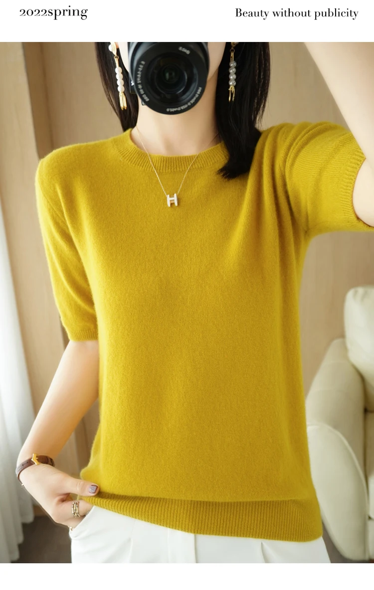 Spring 2022 New Women's O-Neck Short-Sleeved Exquisite Cashmere Sweater Pullover