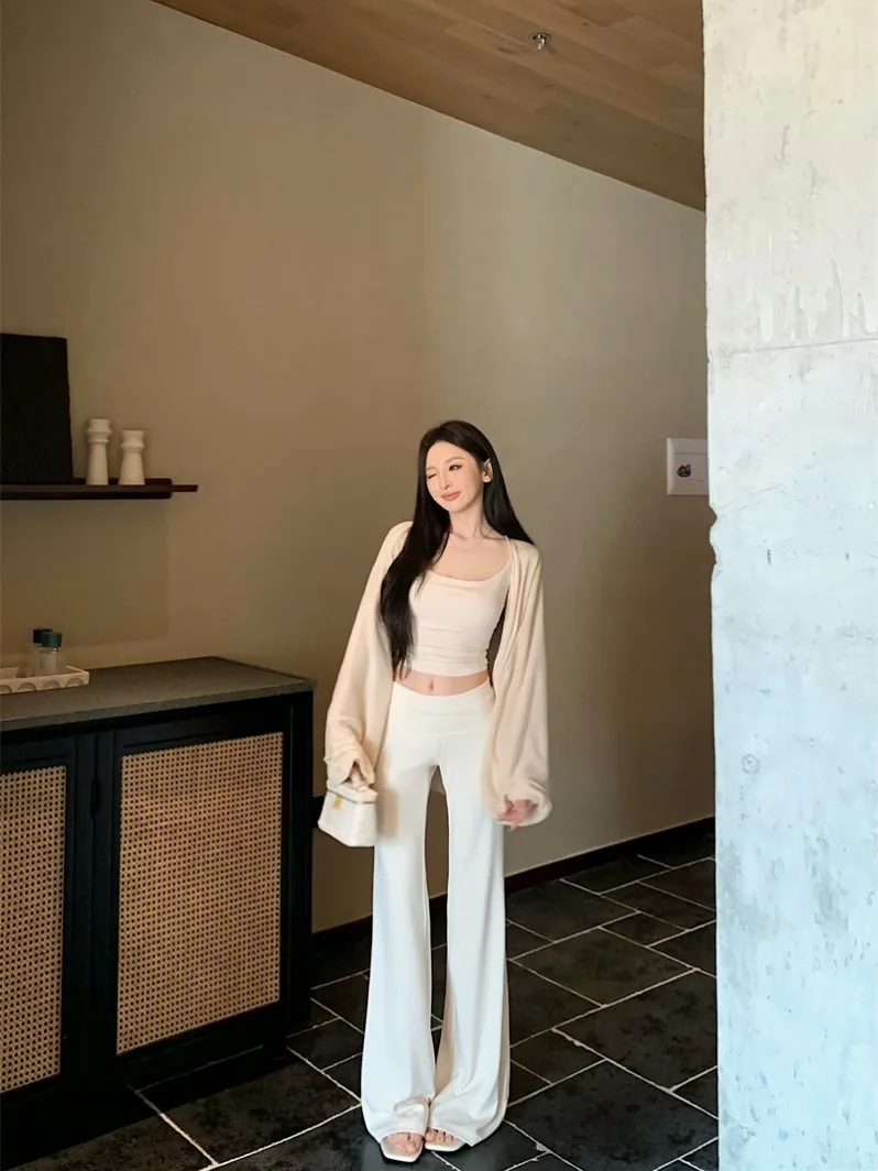 

Повседневный вязаный комплект из футболки с накладкой на грудь, женские расклешенные брюки и спортивные летние солнцезащитные длинные жилеты