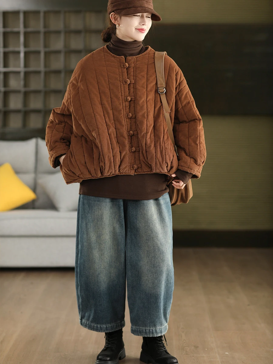 100% хлопок, женские повседневные стеганые пальто, новинка 2025 года, зима, винтажный стиль, с круглым вырезом, однотонные свободные женские толстые теплые куртки M2099