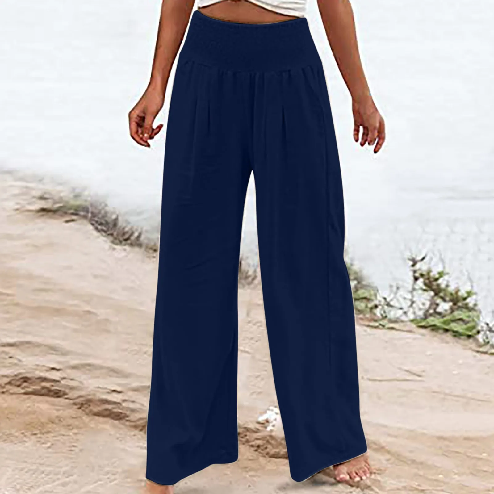 Women's Fashion Linen Pants For Women High Waisted Wide Leg Loose Fit Palazzo Pants Casual Beach Trendy Trouses With Two Pockets